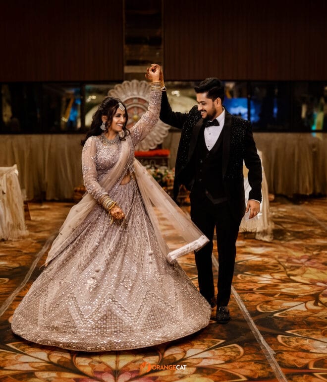 Couple dancing during their Hyderabadi wedding reception photography