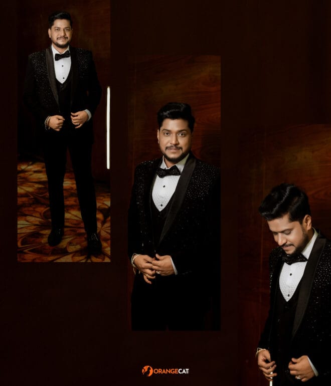 Collage of a groom during their hyderabadi wedding reception