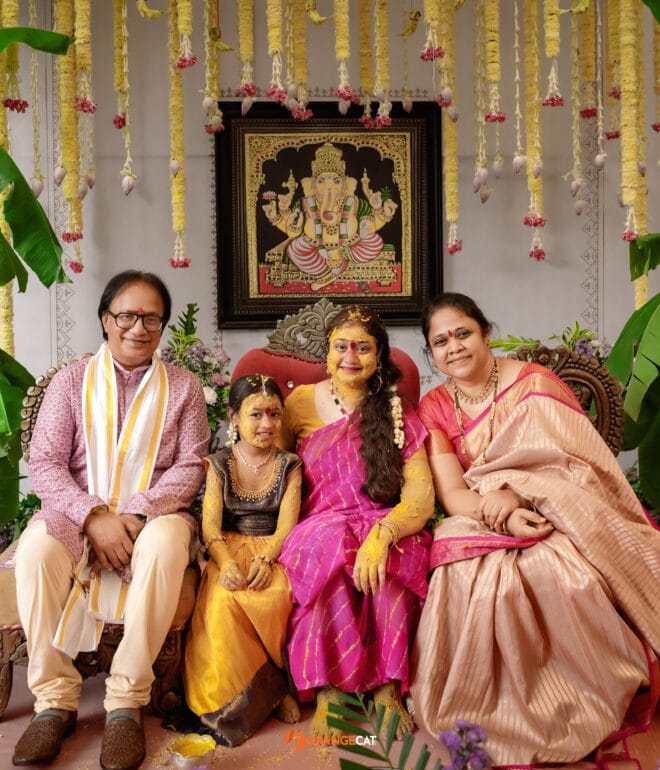 Bride with family in her Telugu pellikkuthuru function